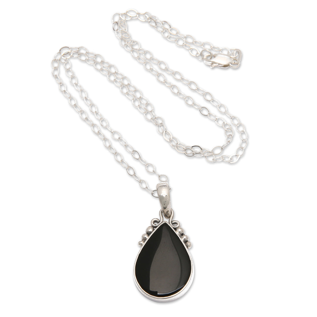 Sterling Silver Onyx Pendant Necklace with Dot Accents - Snowy Night
