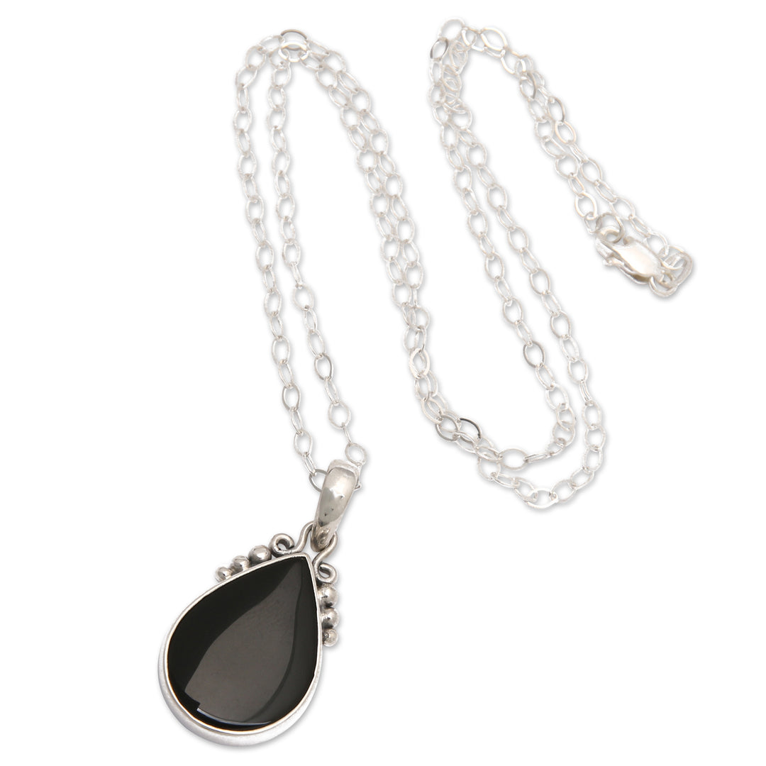 Sterling Silver Onyx Pendant Necklace with Dot Accents - Snowy Night