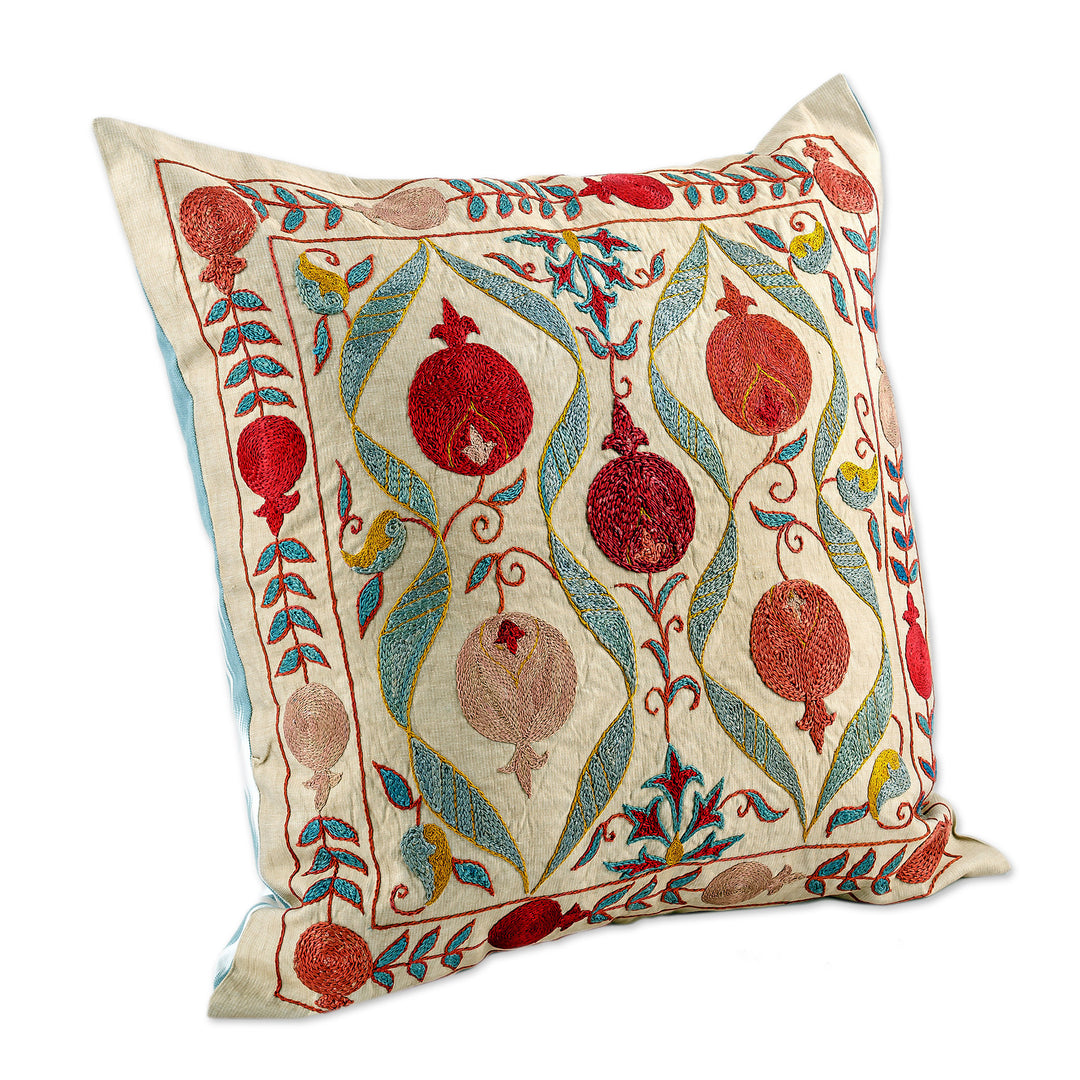 Embroidered Silk Blend Cushion Cover with Pomegranate Motifs - Pomegranate Fortunes