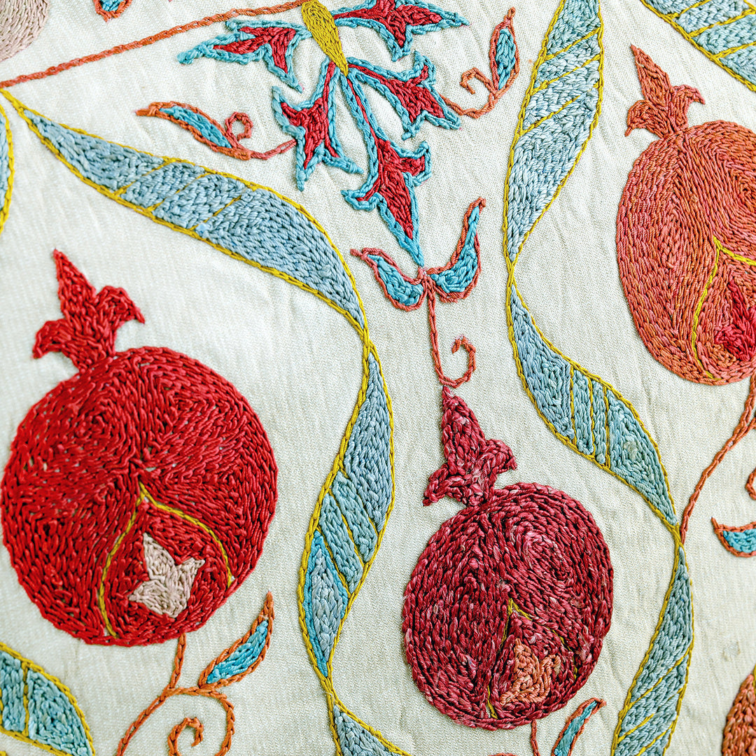 Embroidered Silk Blend Cushion Cover with Pomegranate Motifs - Pomegranate Fortunes
