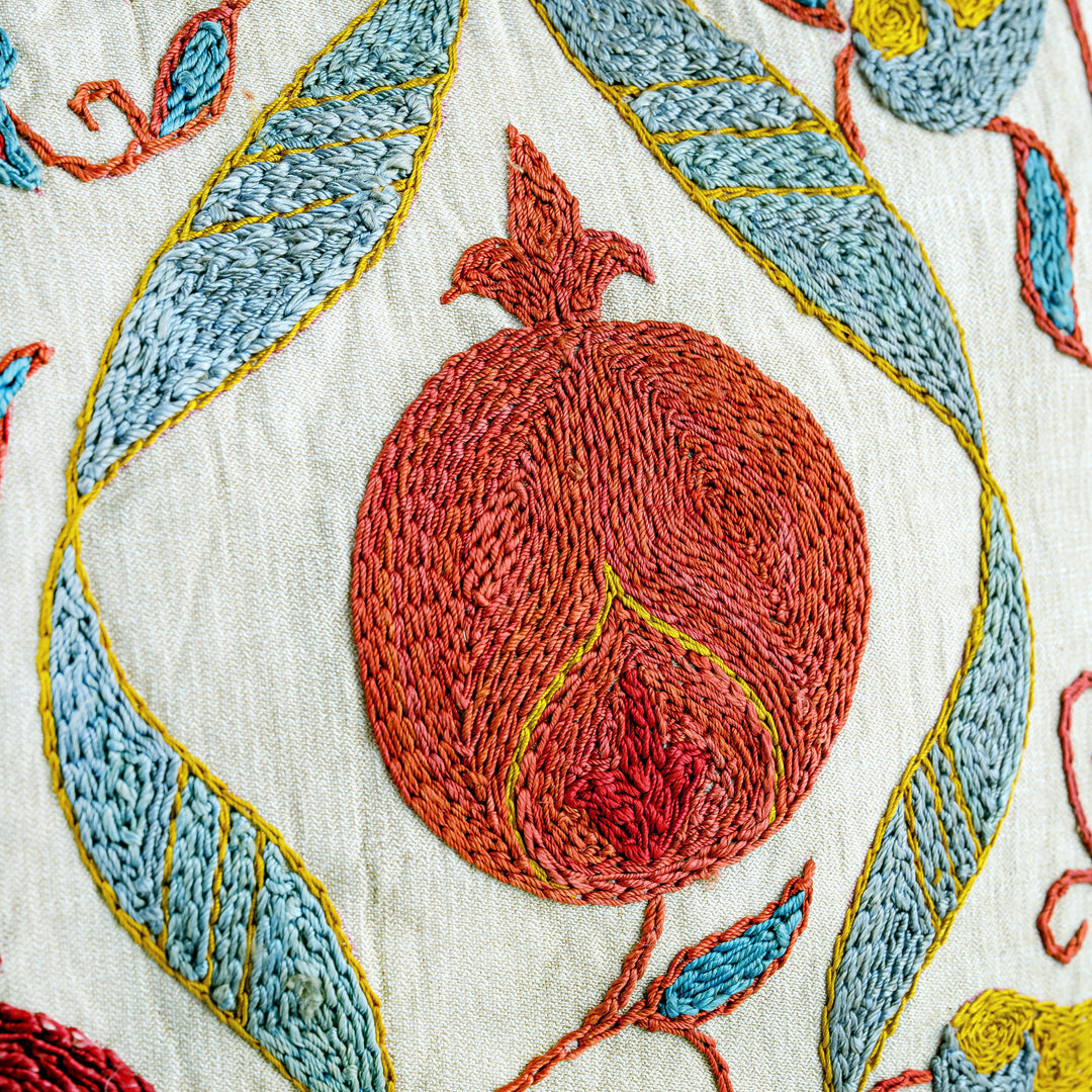 Embroidered Silk Blend Cushion Cover with Pomegranate Motifs - Pomegranate Fortunes