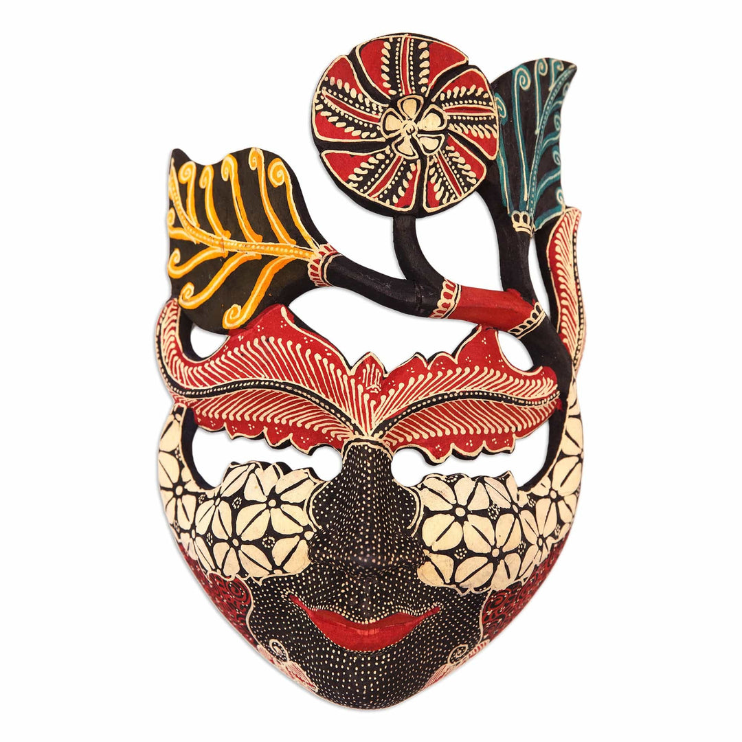 Handcrafted Hibiscus-Themed Batik Pule Wood Mask from Java - Princess of Hibiscus