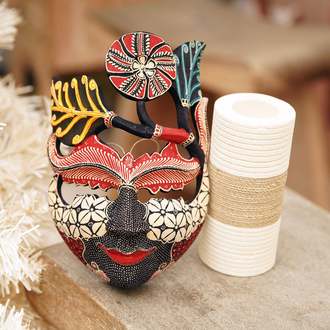 Handcrafted Hibiscus-Themed Batik Pule Wood Mask from Java - Princess of Hibiscus