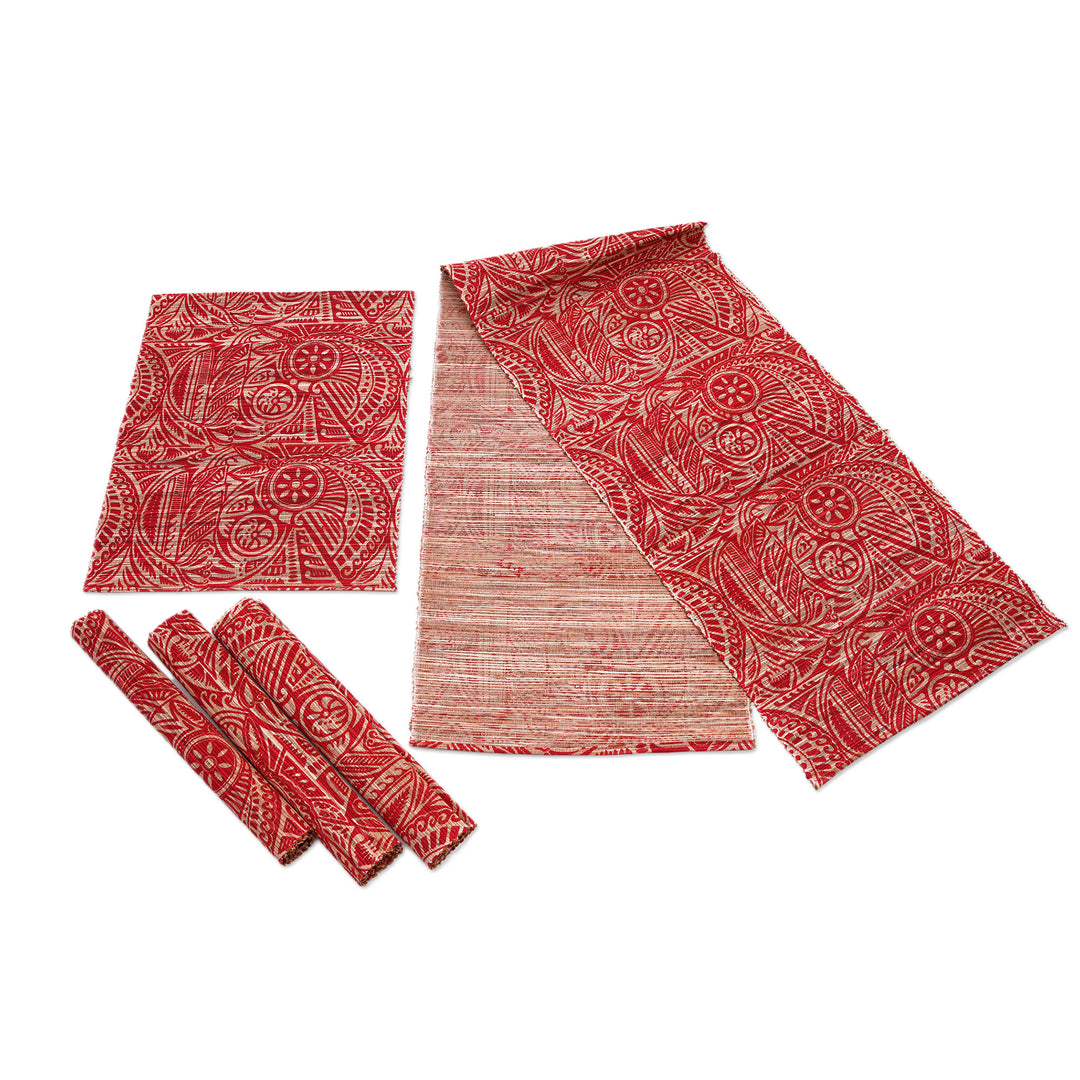 Set of 5 Leafy Red and Ivory Table Runner and Placemats - Red Eden