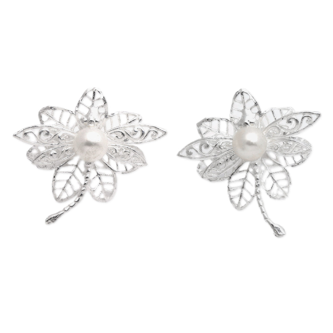 Leafy and Dragonfly-Themed Cultured Pearl Button Earrings - Celestial Dragonfly