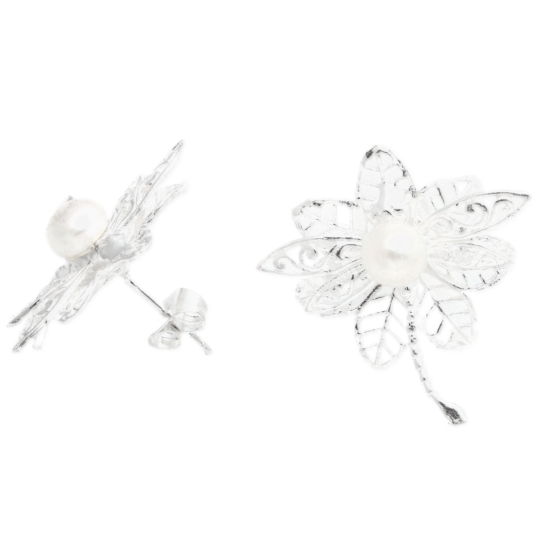 Leafy and Dragonfly-Themed Cultured Pearl Button Earrings - Celestial Dragonfly