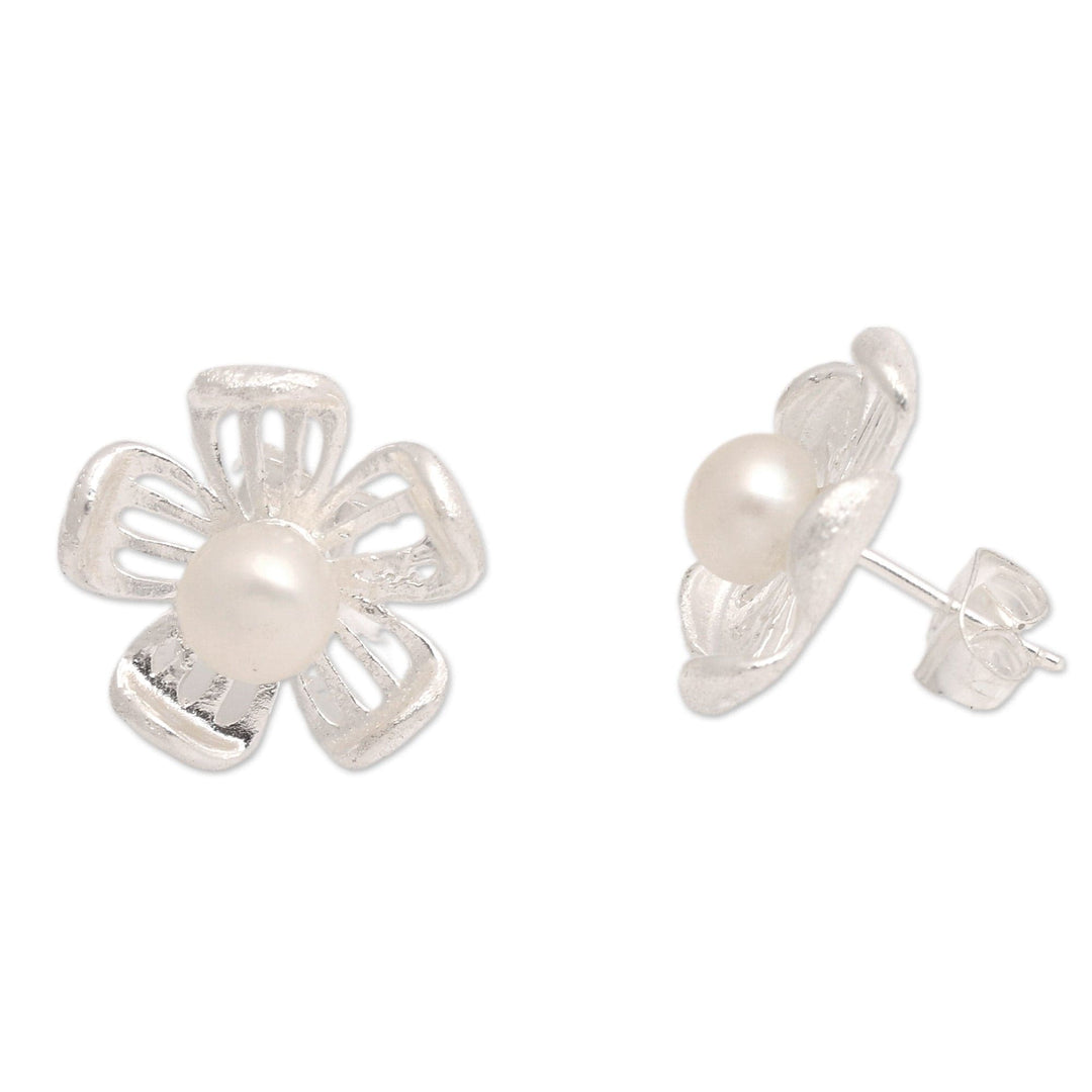 Brushed-Satin Finished Floral White Pearl Button Earrings - Pure Flower