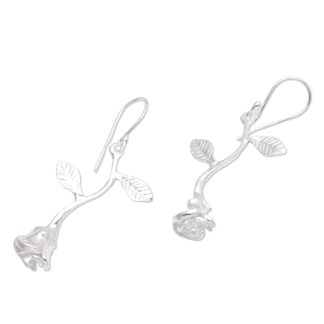 Matte Rose-Shaped Sterling Silver Dangle Earrings from Bali - Valentine Spirit