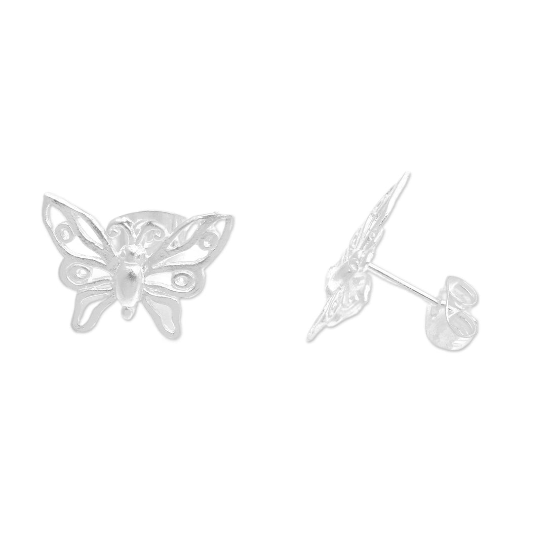 Matte Butterfly-Shaped Sterling Silver Button Earrings - Butterfly Grace