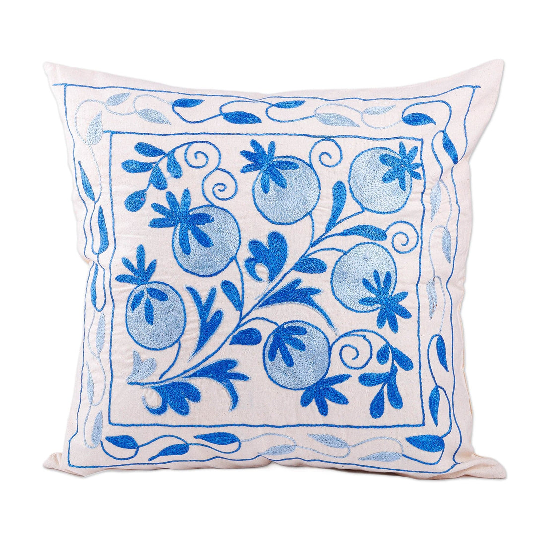 Pomegranate Embroidered Blue Cotton and Viscose Pillow Sham - Oath of Commitment
