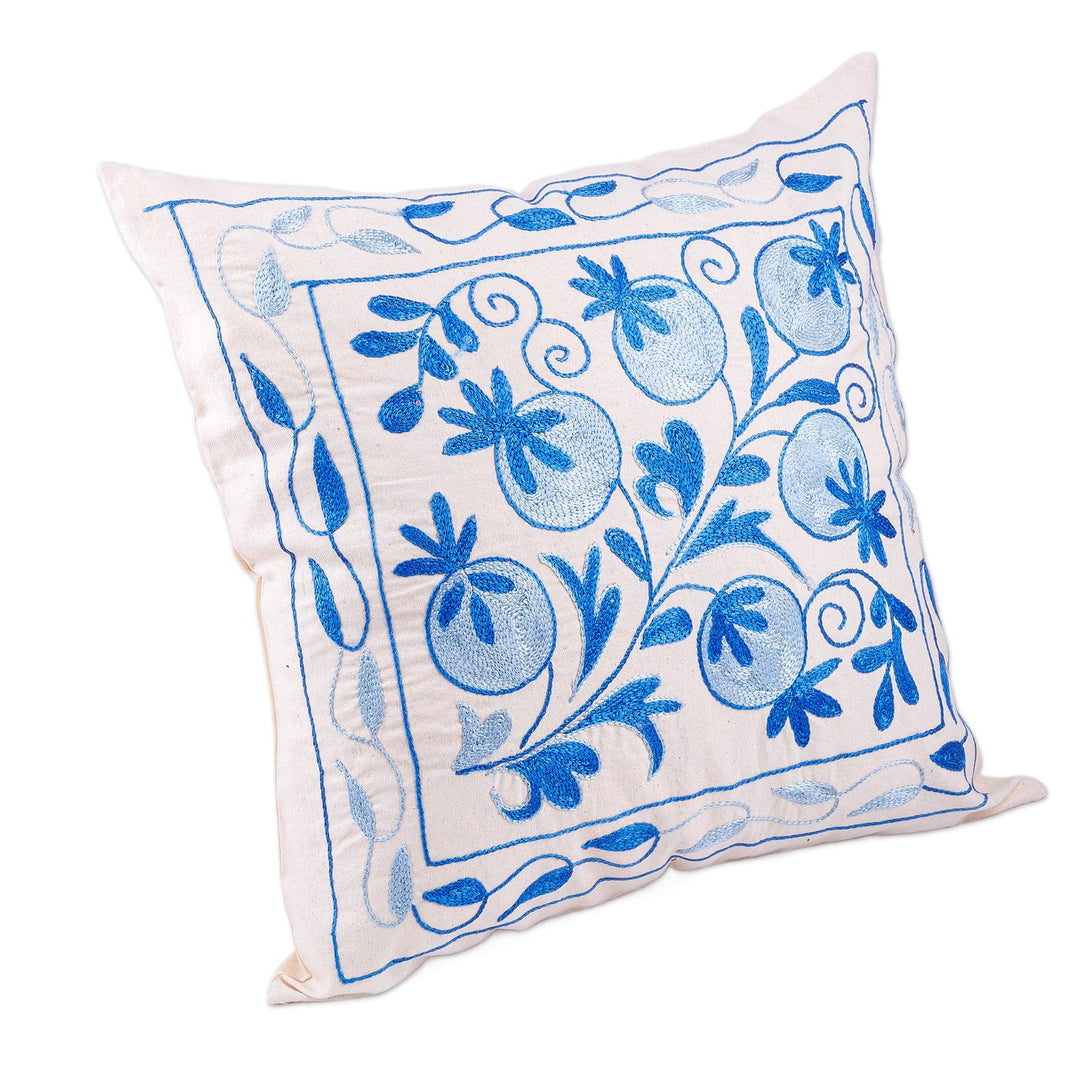 Pomegranate Embroidered Blue Cotton and Viscose Pillow Sham - Oath of Commitment