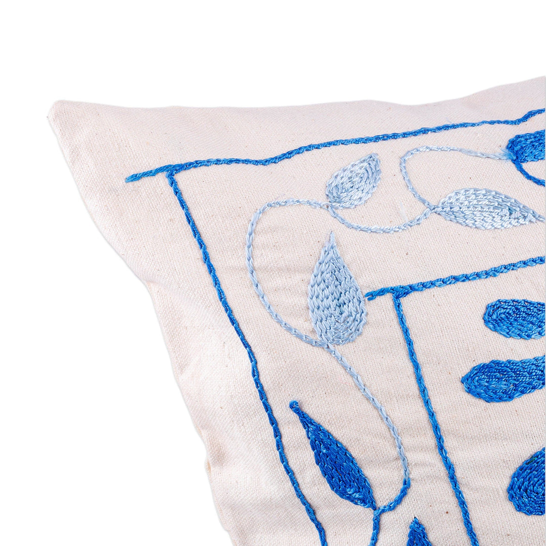 Pomegranate Embroidered Blue Cotton and Viscose Pillow Sham - Oath of Commitment