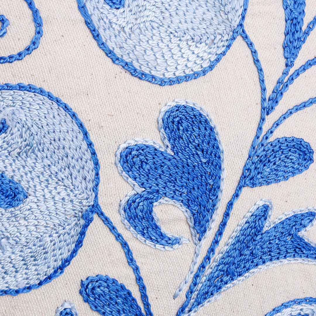 Pomegranate Embroidered Blue Cotton and Viscose Pillow Sham - Oath of Commitment