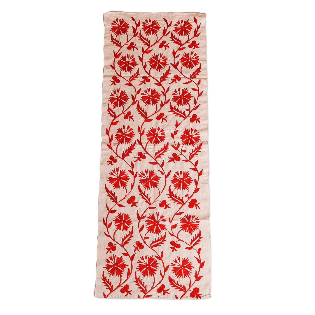 Floral Embroidered Red Cotton and Viscose Table Runner - Crimson Dinner