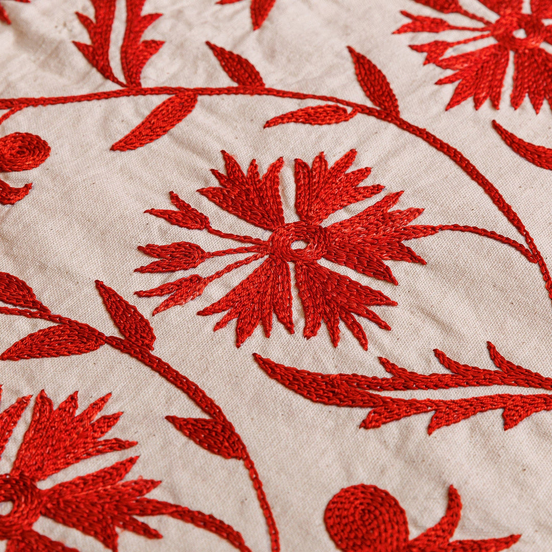 Floral Embroidered Red Cotton and Viscose Table Runner - Crimson Dinner