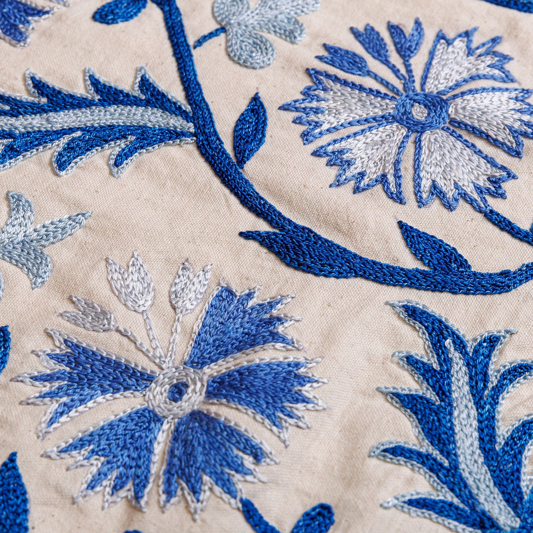 Floral Embroidered Blue Cotton and Viscose Table Runner - Heaven Dinner