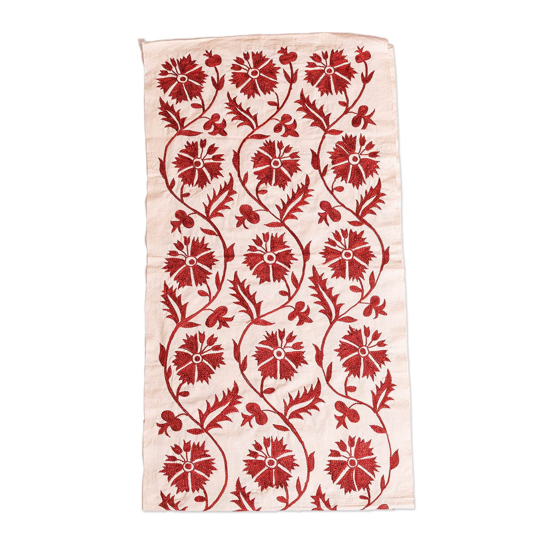 Traditional Embroidered Red Cotton and Viscose Table Runner - Romantic Treat
