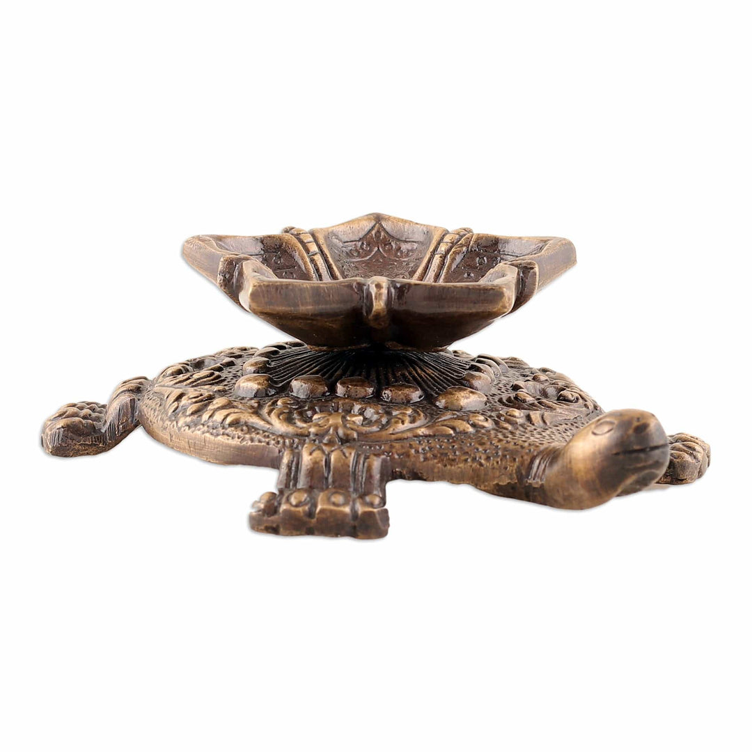 Floral Turtle-Shaped Antiqued Brass Sculpture from India - Floral Guidance