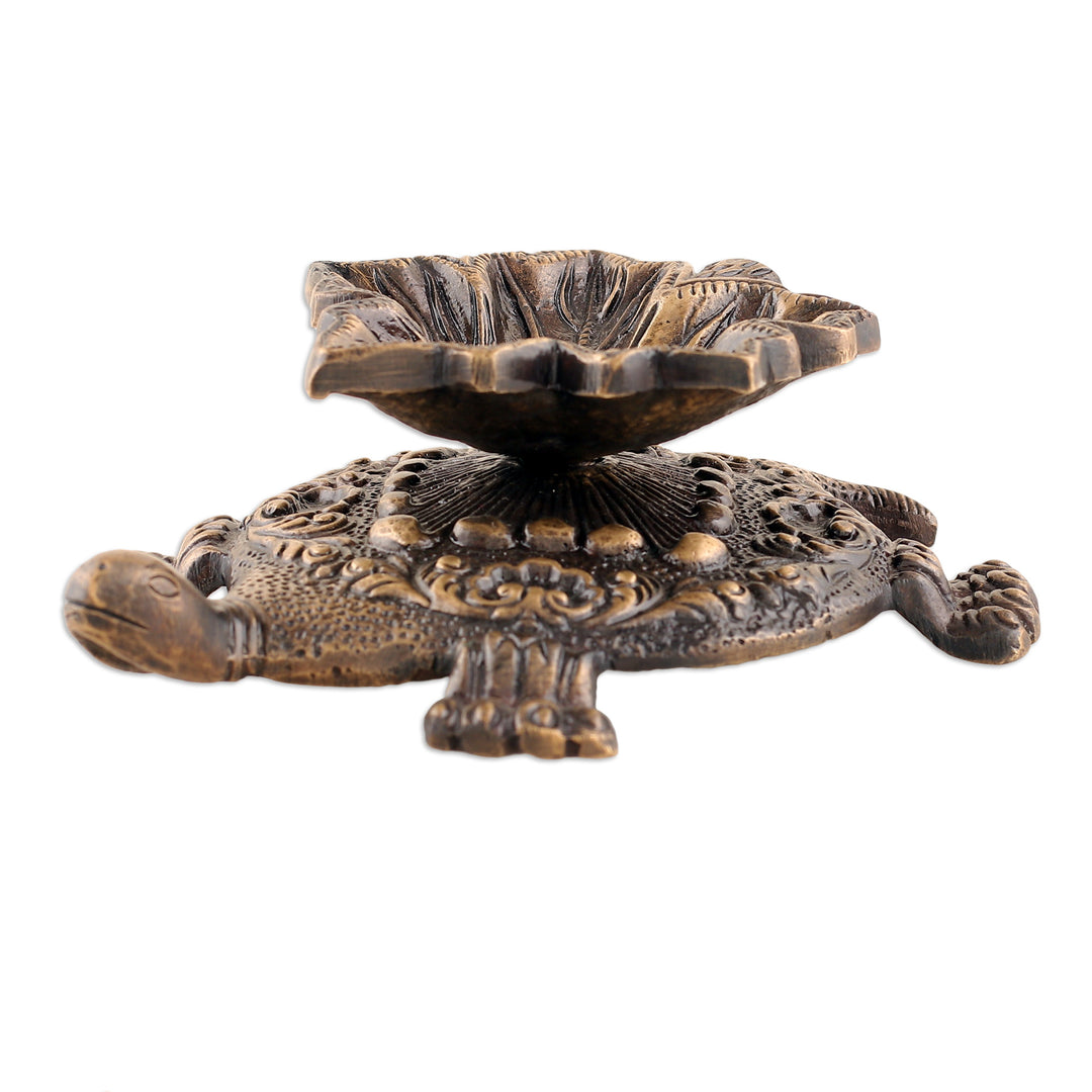 Leafy Turtle-Shaped Antiqued Brass Sculpture from India - Leafy Guidance