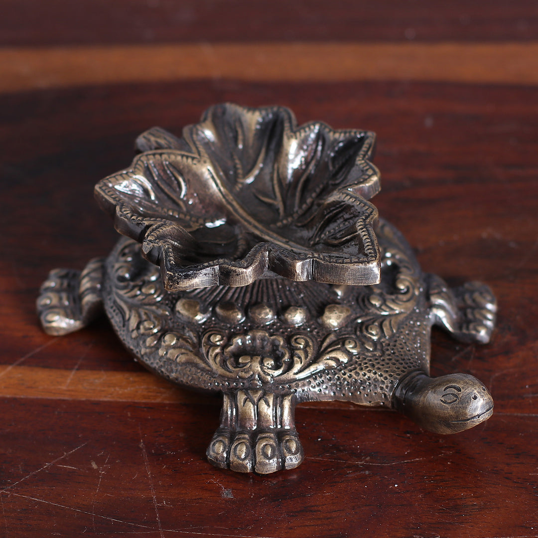 Leafy Turtle-Shaped Antiqued Brass Sculpture from India - Leafy Guidance