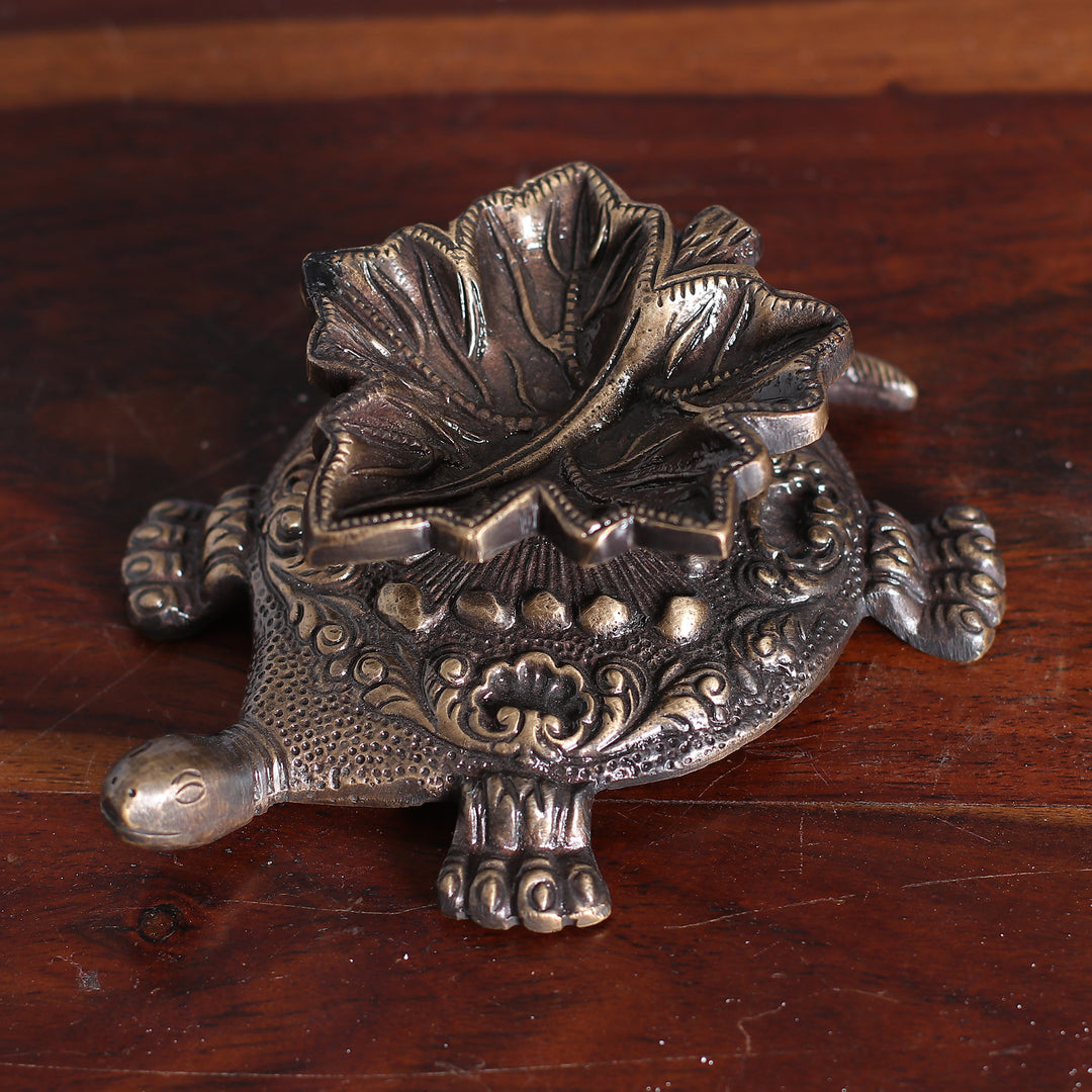 Leafy Turtle-Shaped Antiqued Brass Sculpture from India - Leafy Guidance