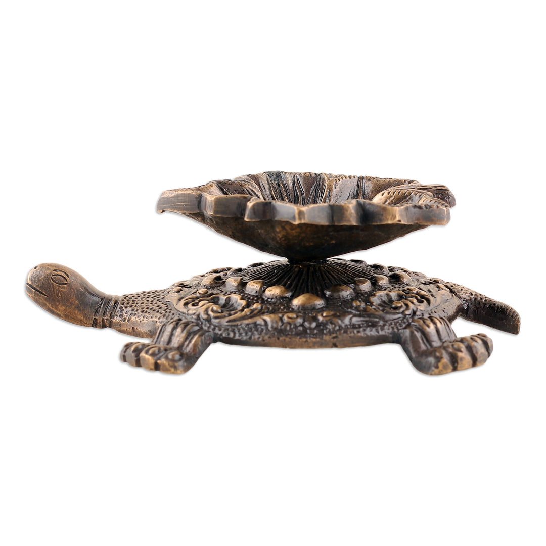 Leafy Turtle-Shaped Antiqued Brass Sculpture from India - Leafy Guidance