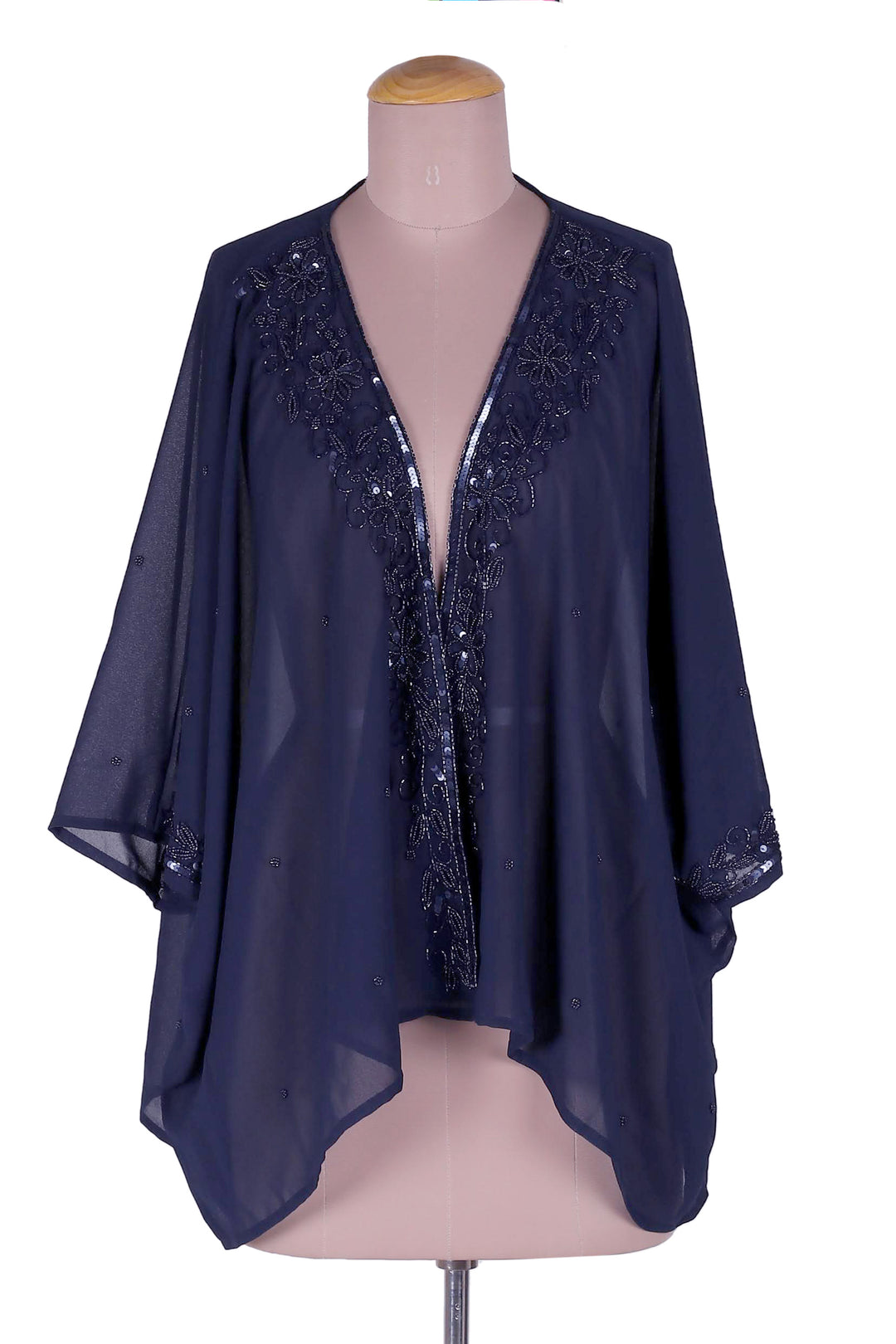 Dark Blue Embellished Sequin Beaded Floral Kimono Jacket - Midnight Glam