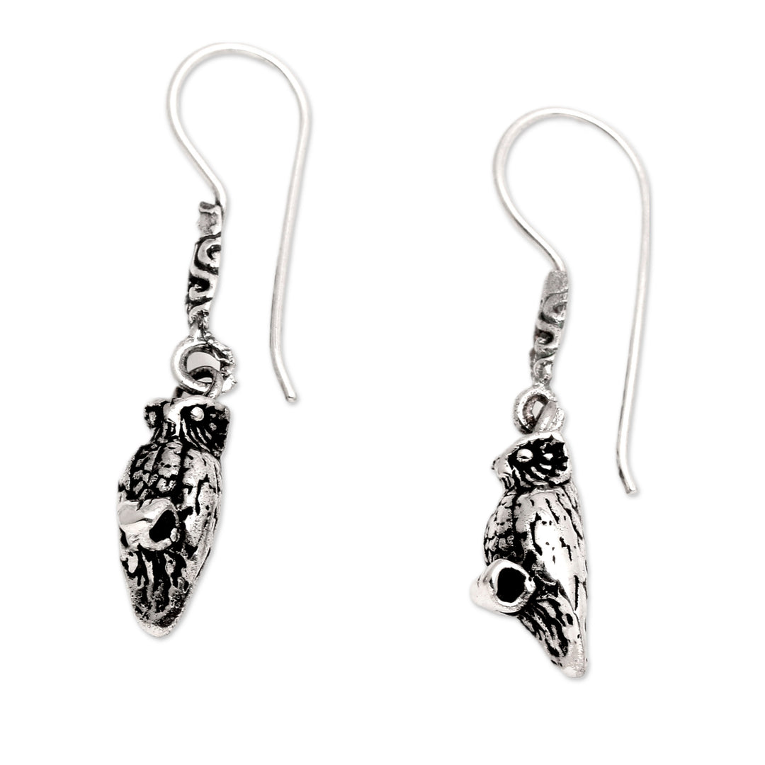 Oxidized and Polished Owl-Shaped Dangle Earrings from Bali - Night Sage