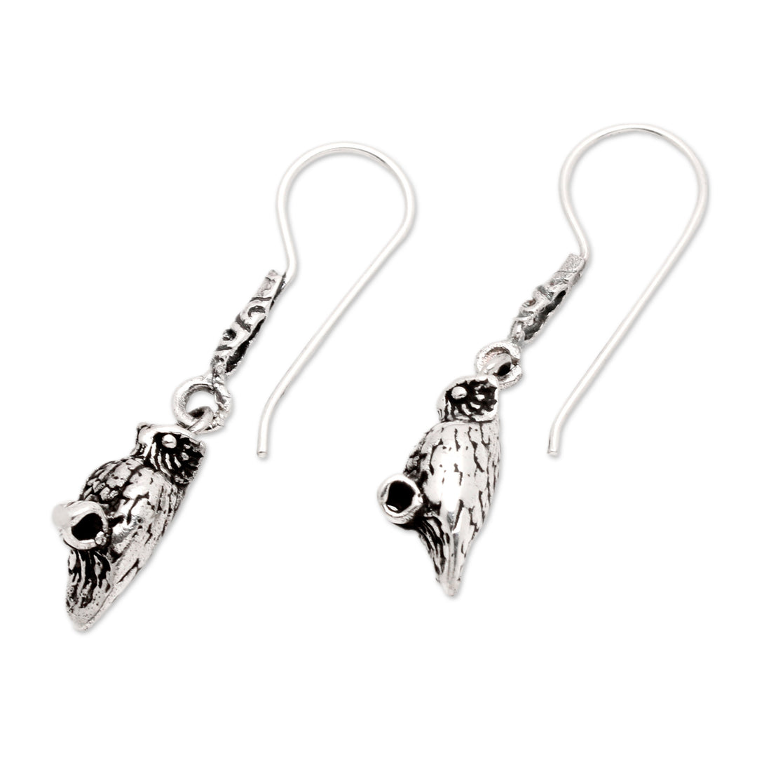 Oxidized and Polished Owl-Shaped Dangle Earrings from Bali - Night Sage