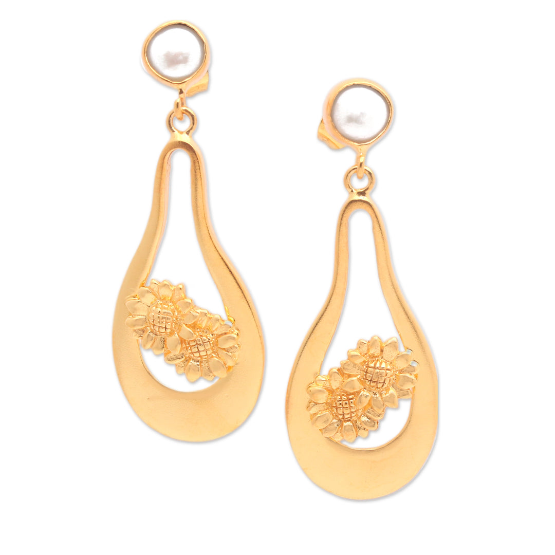 18k Gold-Plated Floral Grey Cultured Pearl Dangle Earrings - Together in Spring