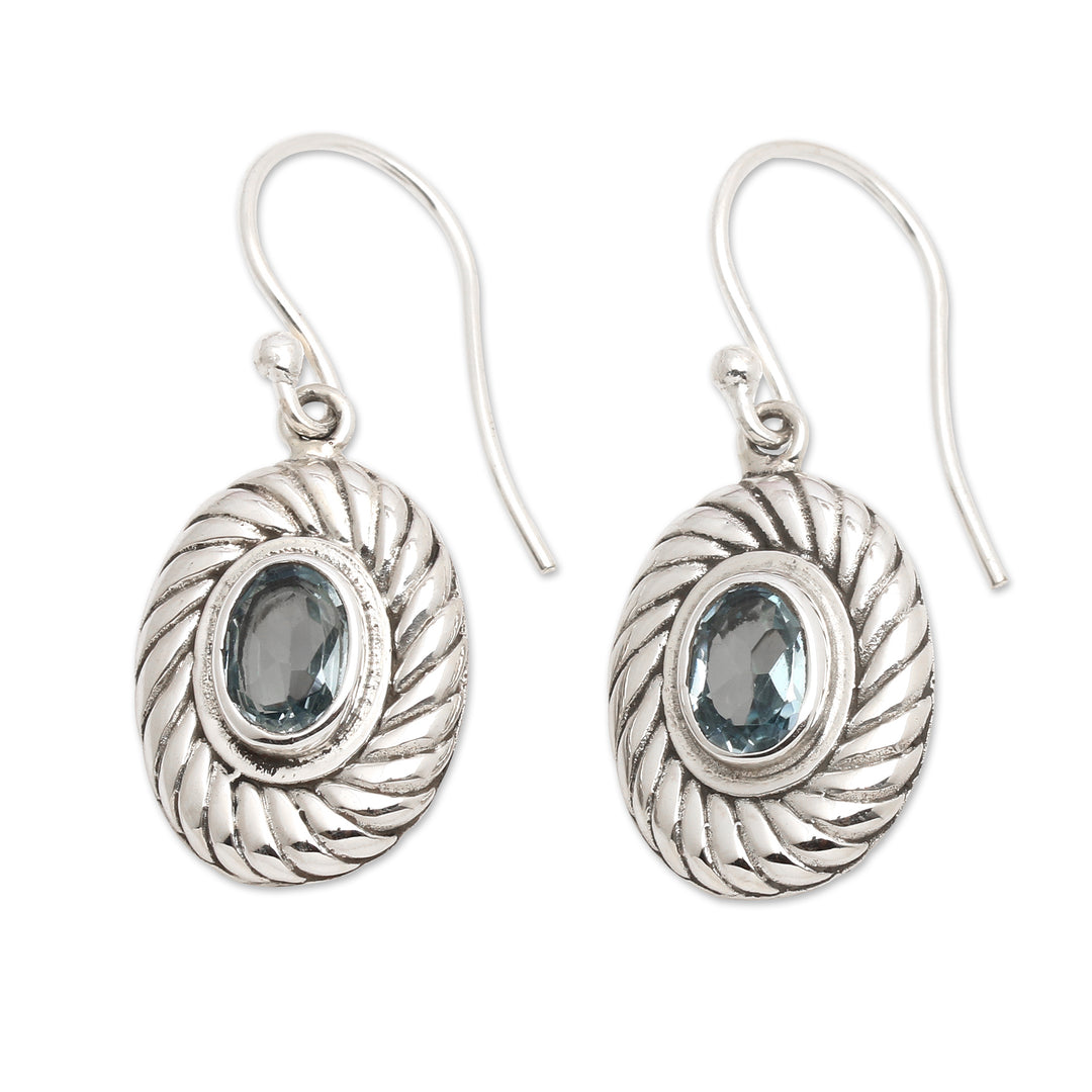Oval Spiral Faceted Two-Carat Blue Topaz Dangle Earrings - Spiral Water