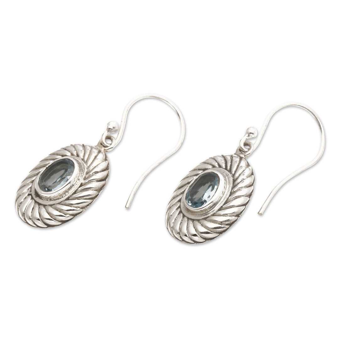 Oval Spiral Faceted Two-Carat Blue Topaz Dangle Earrings - Spiral Water