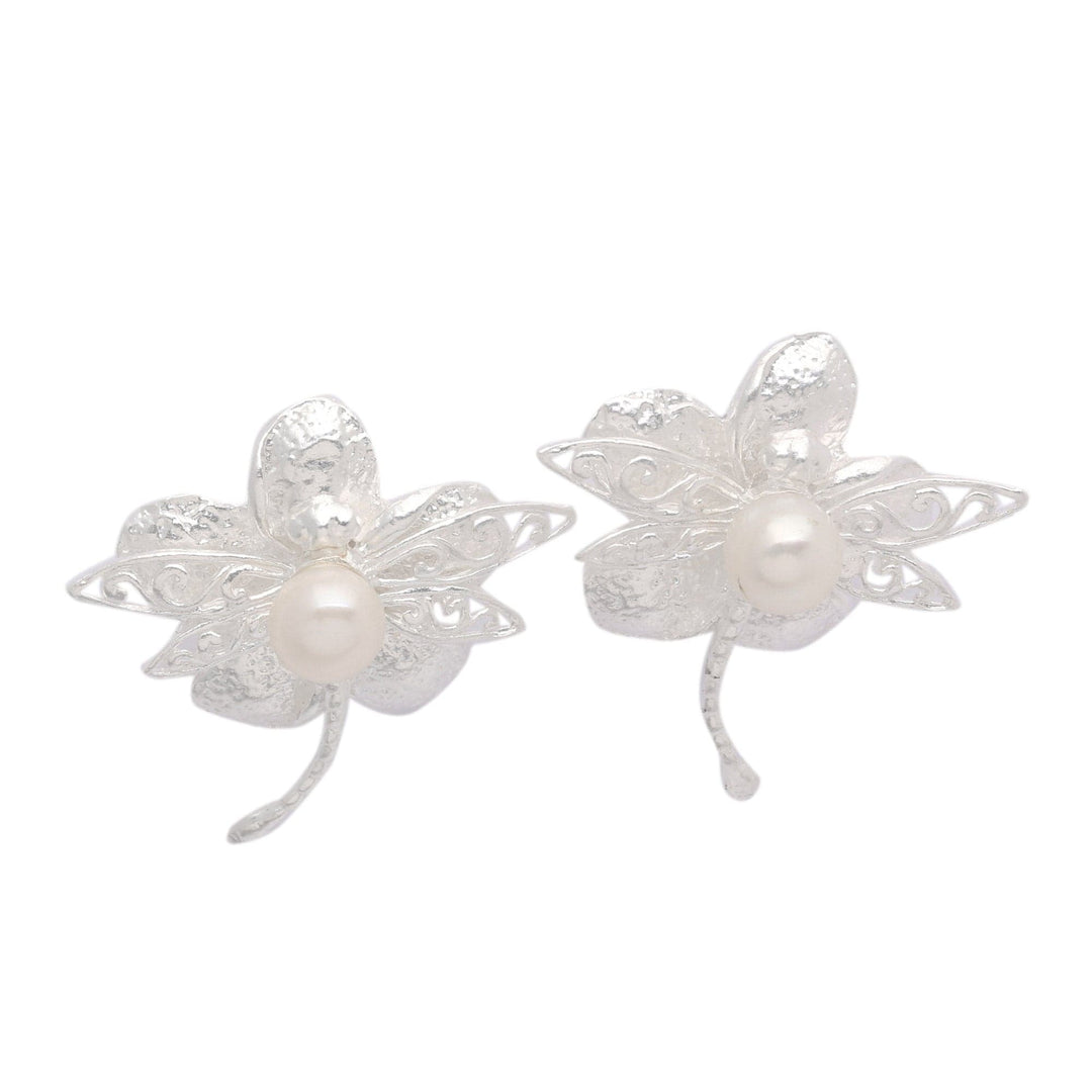 Floral and Dragonfly-Themed Yellow Pearl Button Earrings - Joyous Dragonfly