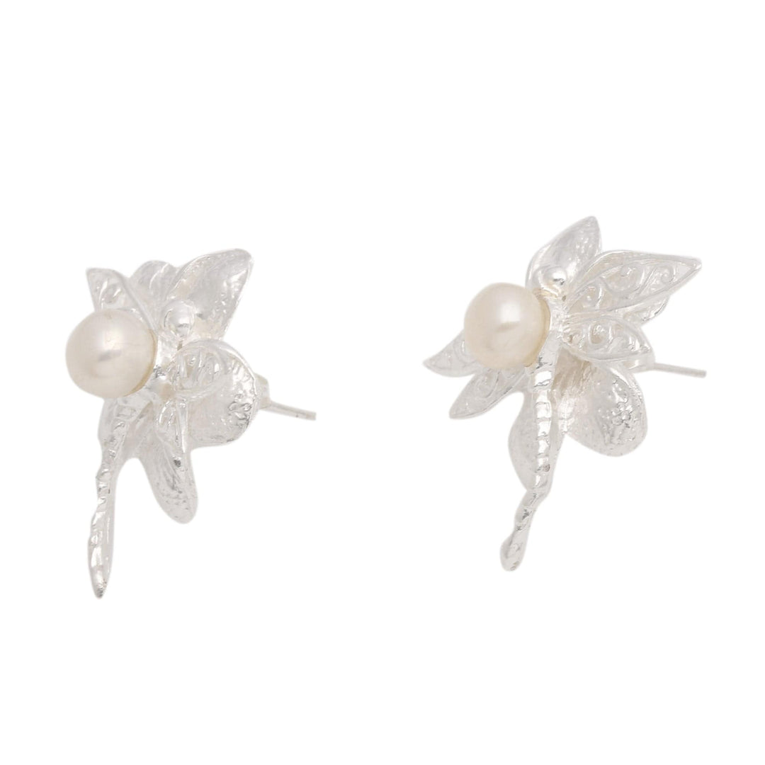 Floral and Dragonfly-Themed Yellow Pearl Button Earrings - Joyous Dragonfly