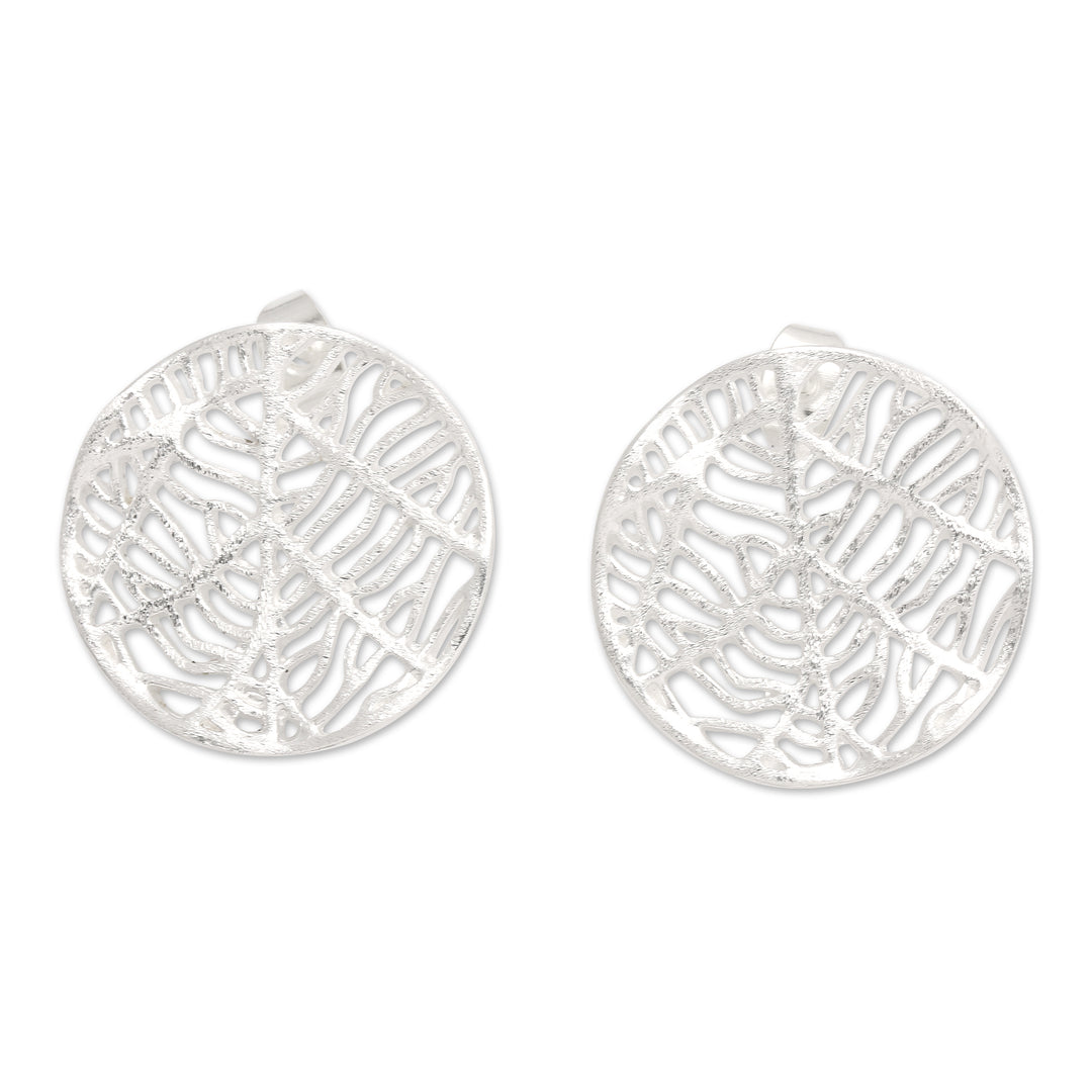 Matte Leafy Round Sterling Silver Button Earrings from Bali - Leafy Veins
