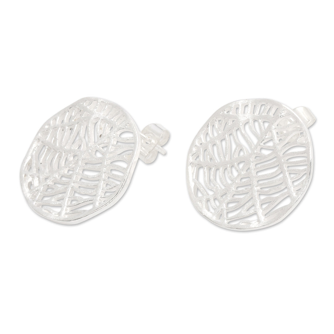 Matte Leafy Round Sterling Silver Button Earrings from Bali - Leafy Veins