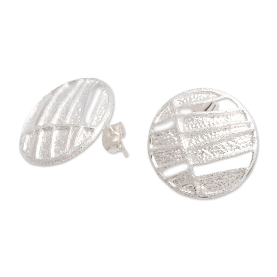 Modern Textured Circular Sterling Silver Button Earrings - Magical Circles