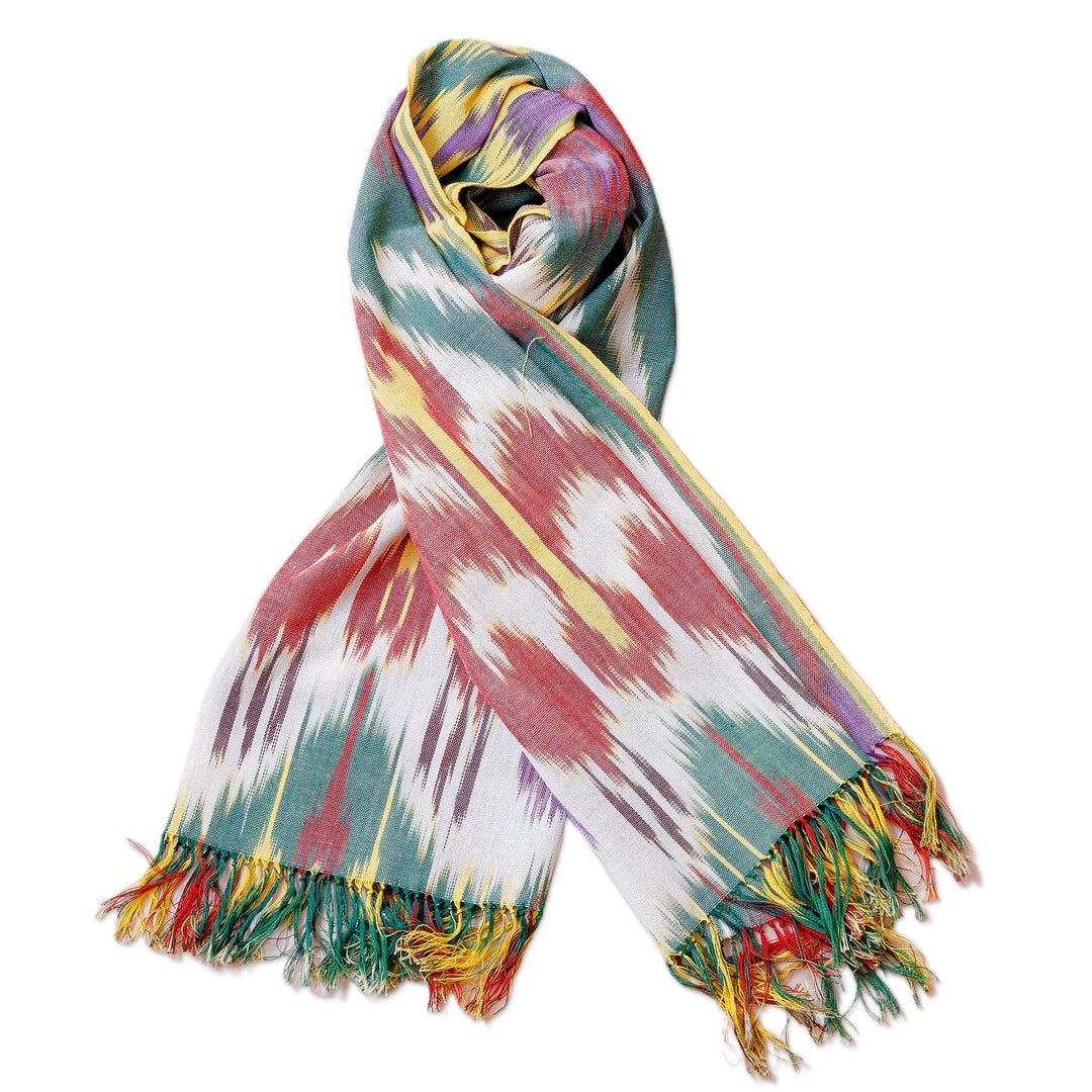 Hand-Woven Multicolored Cotton Ikat Scarf with Fringes - Bright Colors