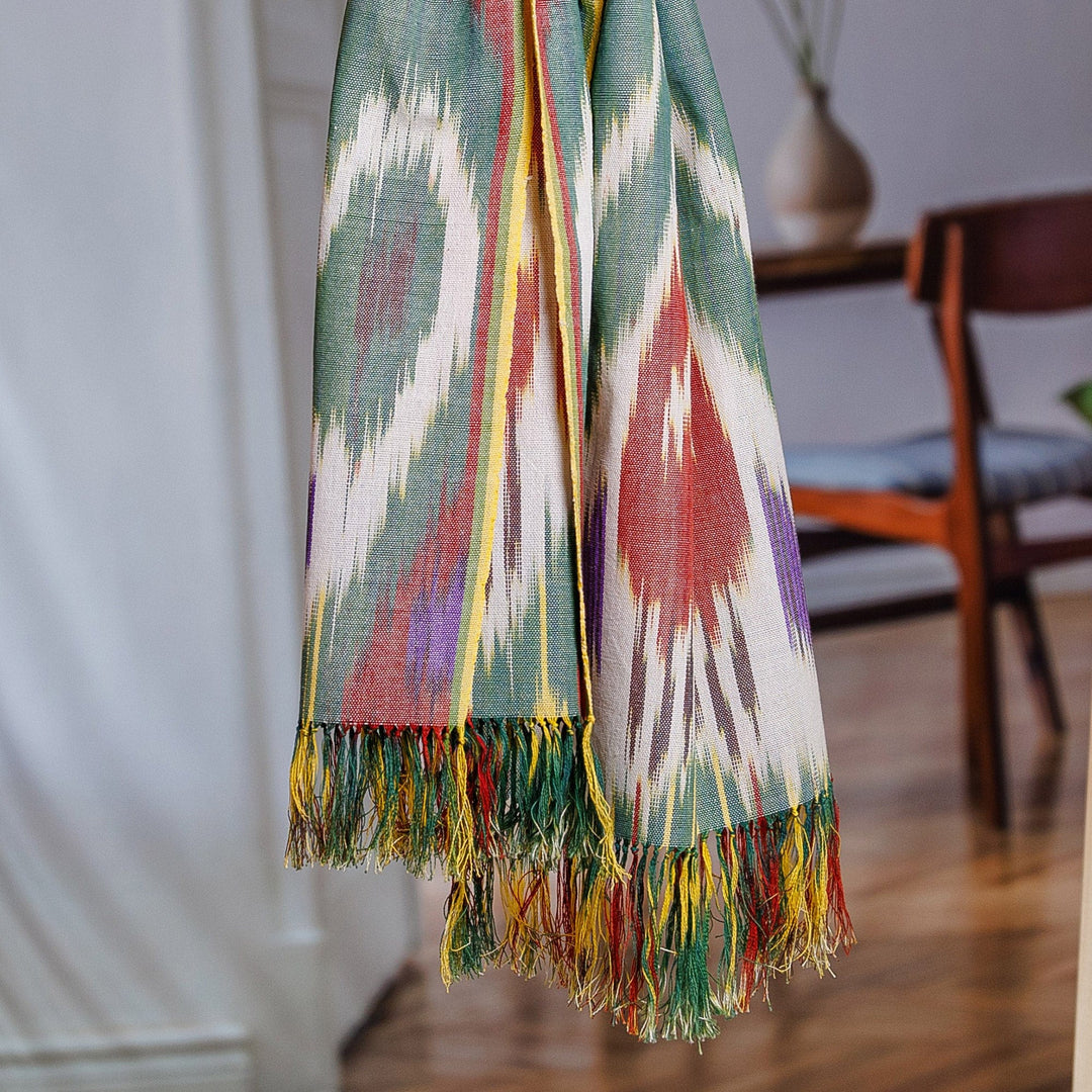 Hand-Woven Multicolored Cotton Ikat Scarf with Fringes - Bright Colors
