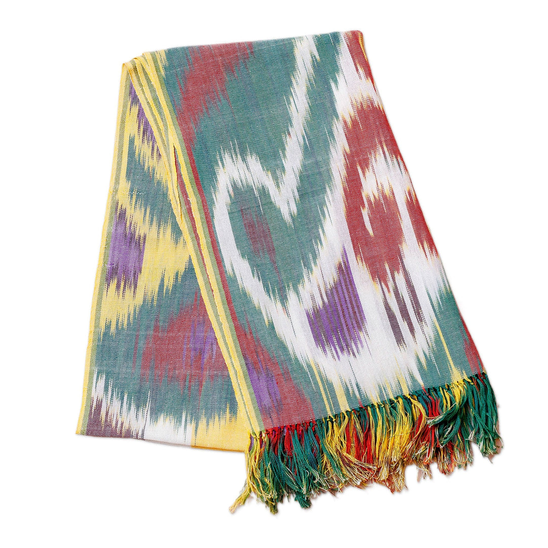 Hand-Woven Multicolored Cotton Ikat Scarf with Fringes - Bright Colors