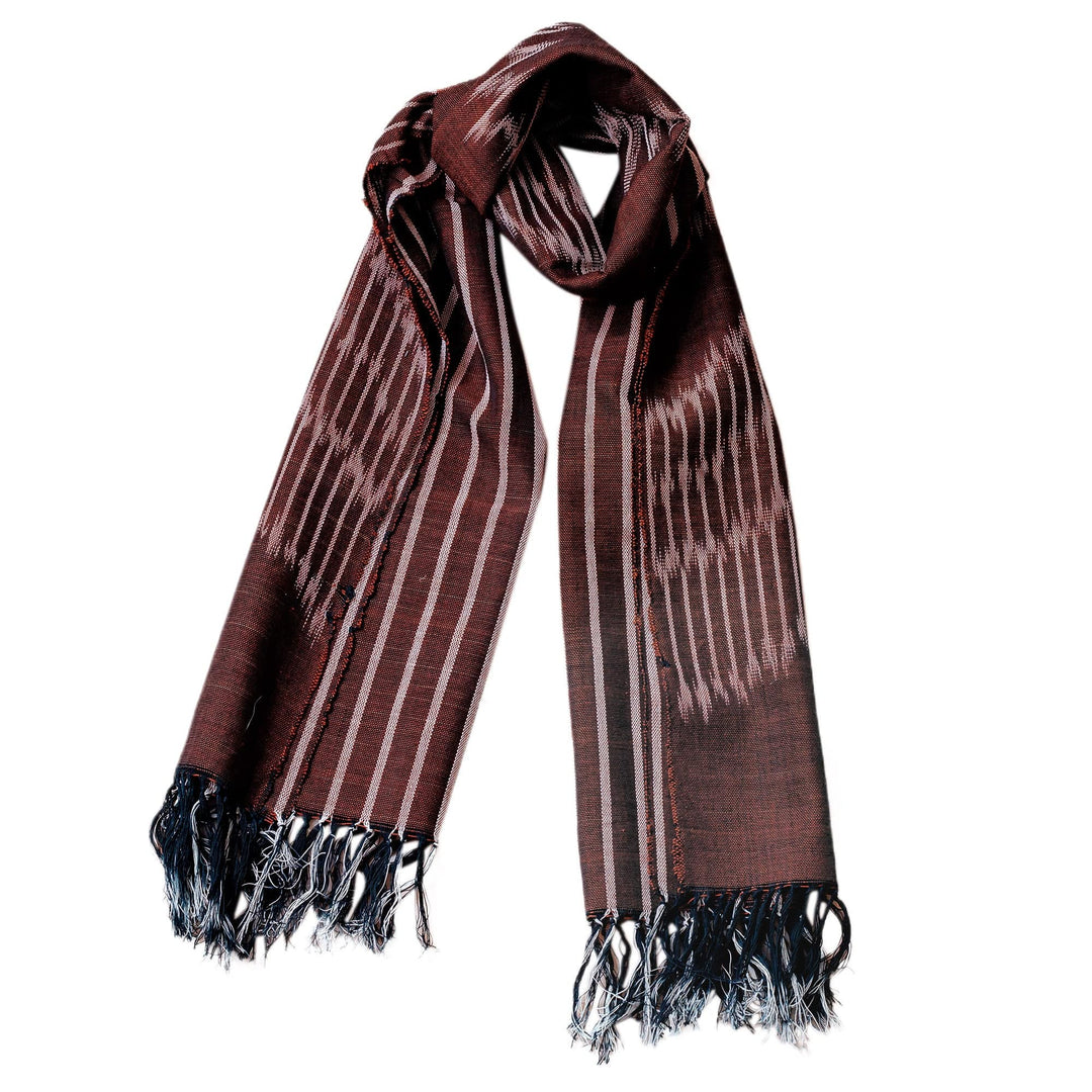 Hand-Woven Fringed Striped Cotton Ikat Scarf in Brown - Charming Elegance