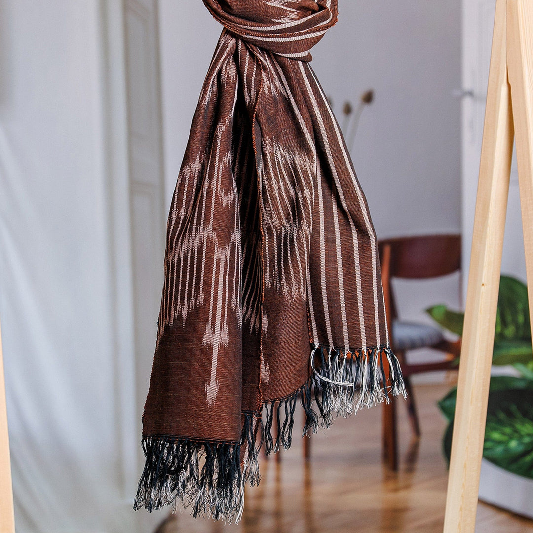 Hand-Woven Fringed Striped Cotton Ikat Scarf in Brown - Charming Elegance
