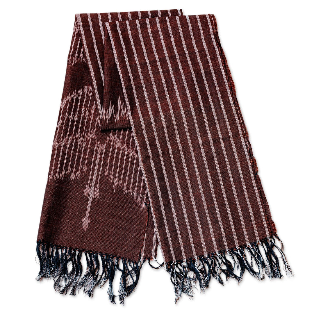 Hand-Woven Fringed Striped Cotton Ikat Scarf in Brown - Charming Elegance