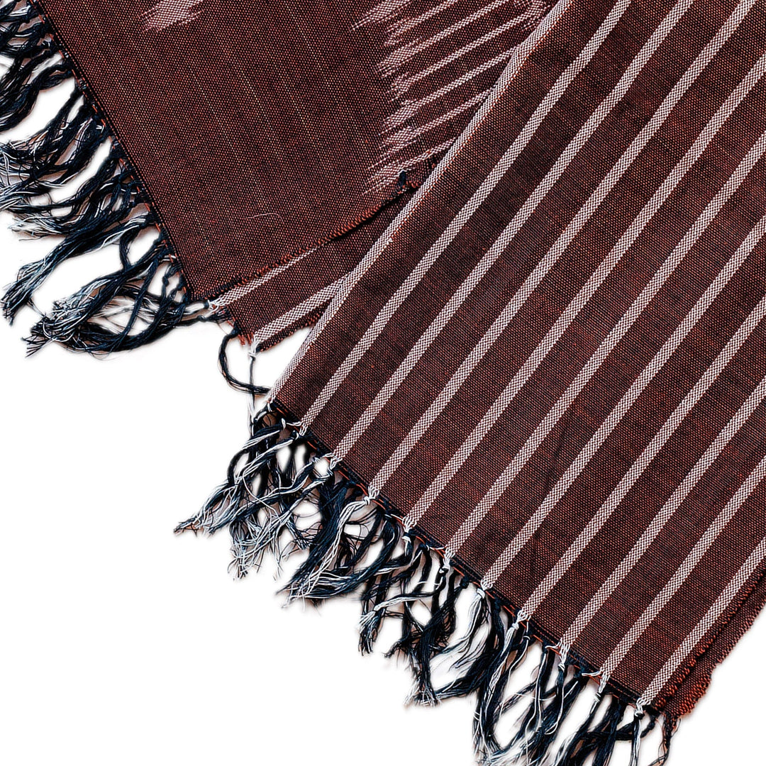 Hand-Woven Fringed Striped Cotton Ikat Scarf in Brown - Charming Elegance
