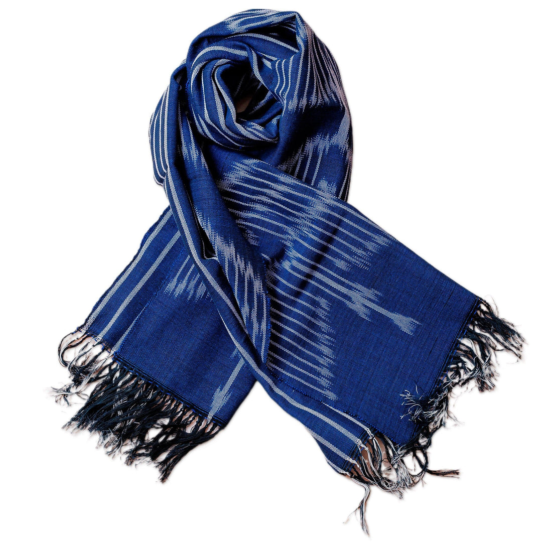 Hand-Woven Fringed Cotton Ikat Scarf in Blue with Stripes - Electric Blue