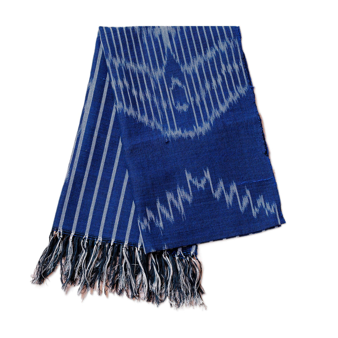 Hand-Woven Fringed Cotton Ikat Scarf in Blue with Stripes - Electric Blue