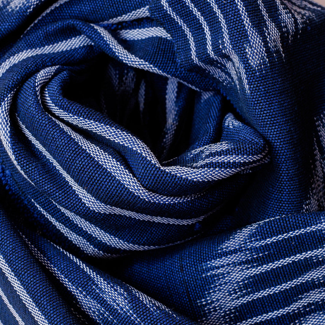 Hand-Woven Fringed Cotton Ikat Scarf in Blue with Stripes - Electric Blue