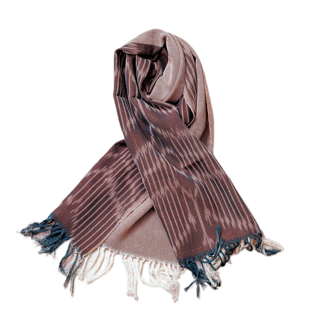 Brown Fringed Cotton Ikat Scarf Hand-Woven in Uzbekistan - Refined Elegance