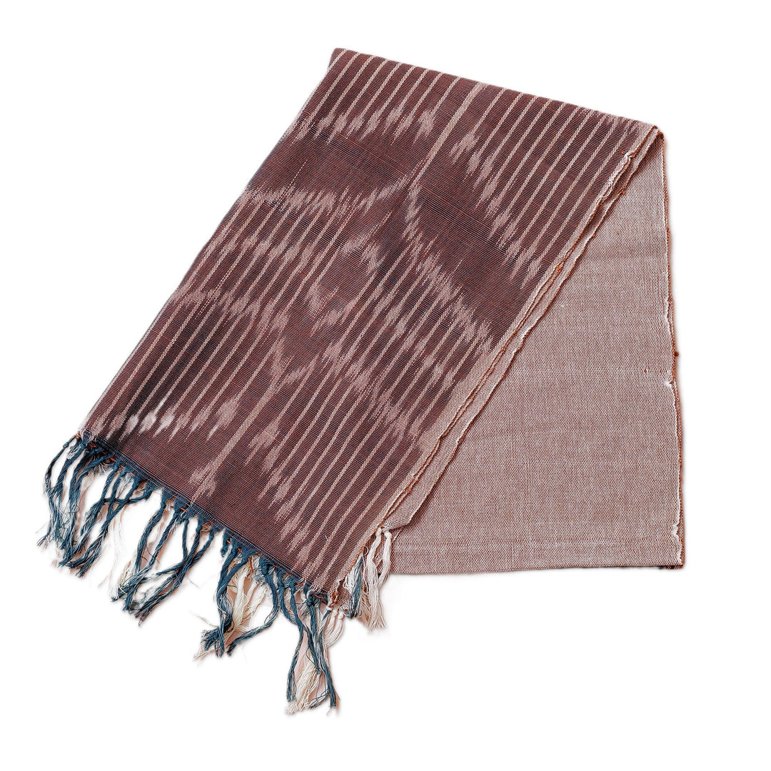 Brown Fringed Cotton Ikat Scarf Hand-Woven in Uzbekistan - Refined Elegance