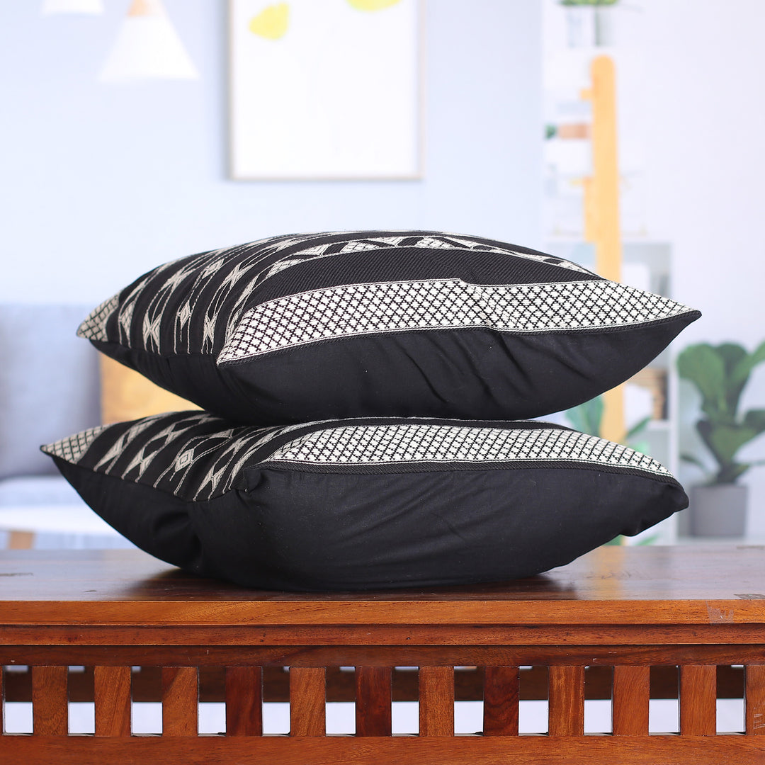 Patterned Black and White Cotton Cushion Covers (Pair) - Midnight Geometry